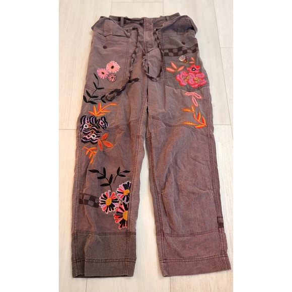 Free People Pants - Free People Floral Embroidered Cargo Pants Boho Sz S Purple